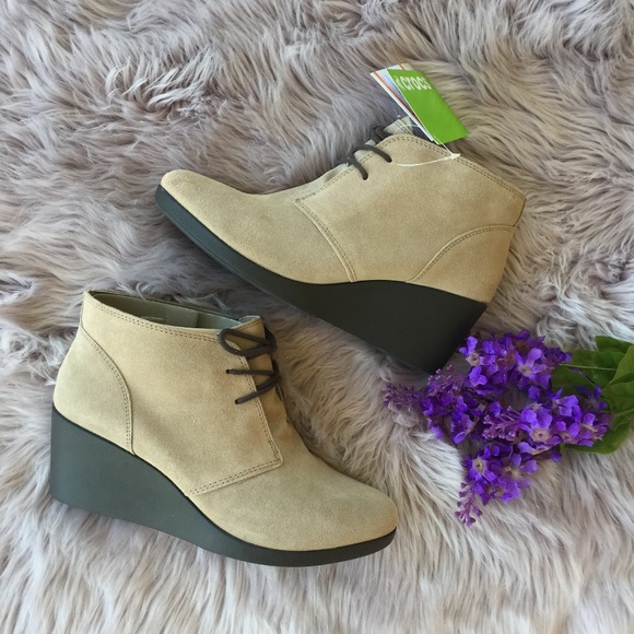 CROCS Shoes - NIB Crocs Leigh Suede Tan Wedge Booties